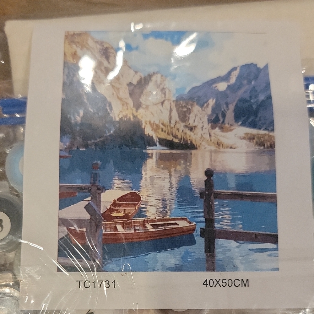 Amazon Scenic Mountain Lake Painting - Blue, Brown, White